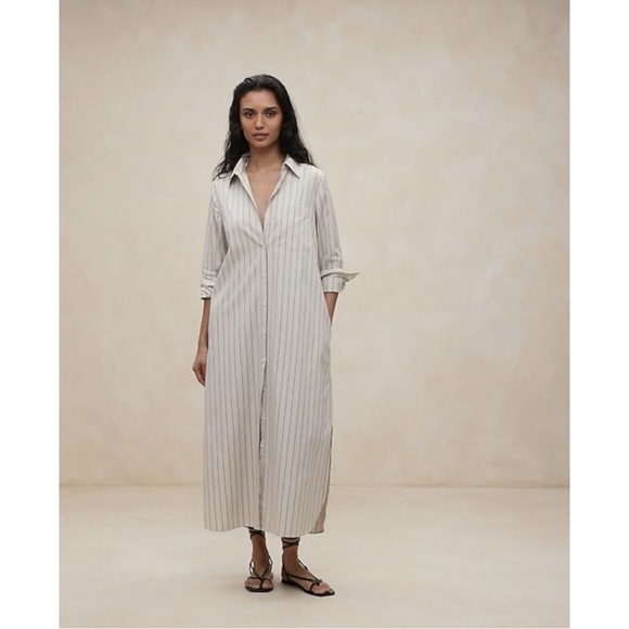 BR Banana Republic Beige Striped Cotton Poplin Loose Fit Shirtdress Maxi Dress - Picture 12 of 13